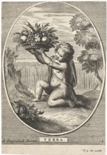 Element earth as a child with bowl of fruit and vegetables for cornfield in oval, Cornelis van