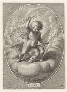 Element fire as a child with lightning bolts on back of eagle, Adriaen Collaert, 1608