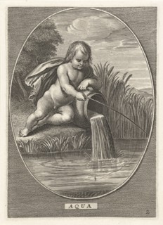 Element water as a child with fishing rod leaning on jar where water flows at shoreline in oval,