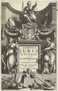 Justice enthroned above portrait of Justinian on base with title flanked by Temperance and