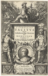 God enthroned on Mars column with war booty and portrait of Tacitus in cartouche flanked by two