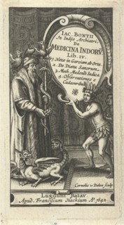 Physician with staff wrapped by snake and pomegranate, birds and dragon, Cornelis van Dalen I,