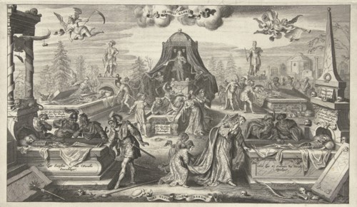 Men and women look in the opened tombs of historical figures, Cornelis van Dalen I, 1655