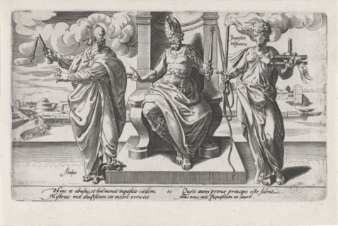 Corrupt rulers and the Spanish Inquisition commit murder, print maker: Dirck Volckertsz Coornhert,
