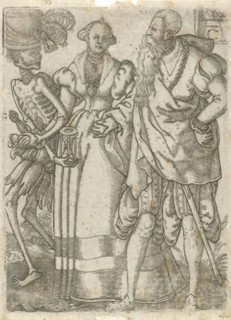 Couple with Death, print maker: Monogrammist AC, print maker: Allaert Claesz. possibly, Tobias