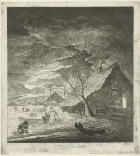 Night Landscape with farm and skaters, Johannes Janson, 1761-1784