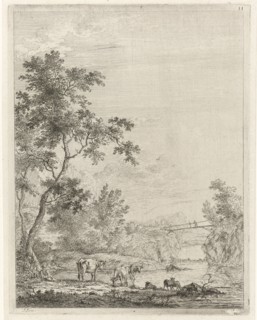 Mountainous landscape with shepherd and cattle by river, Johannes Janson, 1761-1784