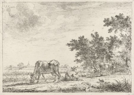 Three cows in pasture, John Janson, 1761-1784
