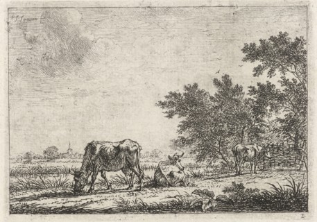 Three cows in pasture, Johannes Janson, 1761 - 1784
