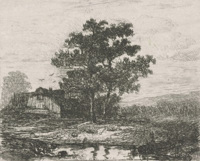 Two oaks and a wooden house, Hermanus Jan Hendrik van Rijkelijkhuysen, 1823 - 1883