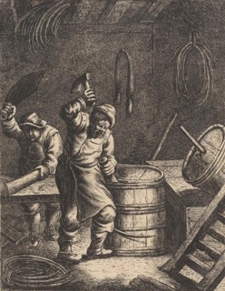 Cooper, someone who makes wooden, staved vessels, bound together with hoops and possessing flat