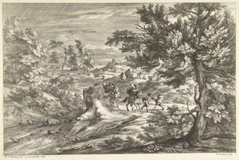 Landscape with travelers surprised by storm, Adriaen Frans Boudewyns, Adam Frans van der Meulen,