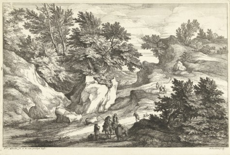 Landscape with two riders who ask the way, Adriaen Frans Boudewyns, Adam Frans van der Meulen,