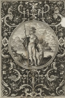 Medallion with Minerva with spear and shield with Medusa head in frame of grotesques with flowers,