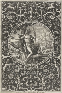 Medallion which Paris, sitting against a tree, print maker: Adriaen Collaert, 1570 - 1618