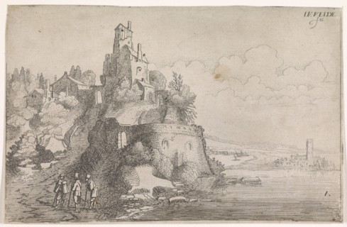 Figures at a fort in a river landscape, Jan van de Velde (II), 1603 - 1641