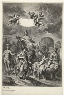 Female personification of Geography on chariot and continents America, Africa, Asia and Europe,