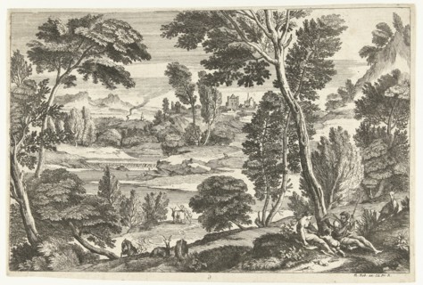 Family in landscape, print maker: Nicolas Guérard, Adriaen van der Kabel, N. Robert, 1648 - 1718