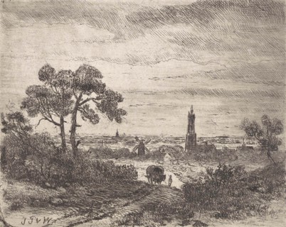 View of a city, Rhenen (?), With a church and a mill, leading a horse-drawn carriage with a figure