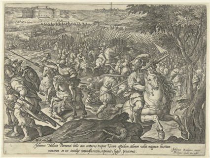 Cavalry skirmish, the siege of a fortress, series of prints by the history of Giovanni de Medici,