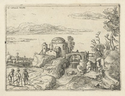 Bridge over waterfall next round building with a dome, Esaias van de Velde, 1615