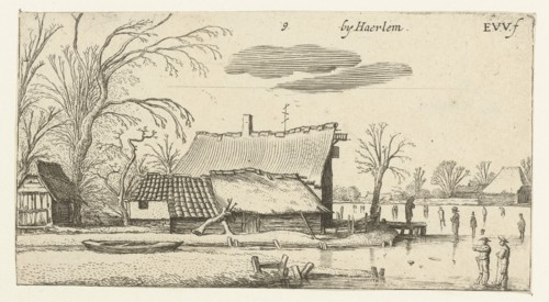 Farm in a frozen river with skaters, Esaias van de Velde, Anonymous, 1616