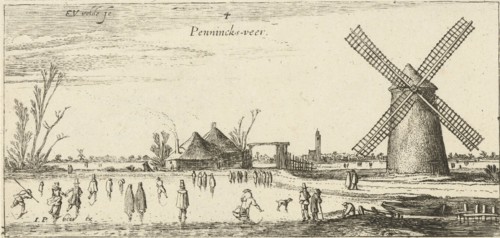 Skaters on the ice at a mill near Penningsveer, The Netherlands, Esaias van de Velde, 1615-1616