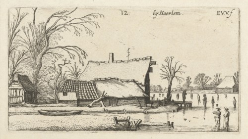 Farm in a frozen river with skaters, Esaias van de Velde, 1616