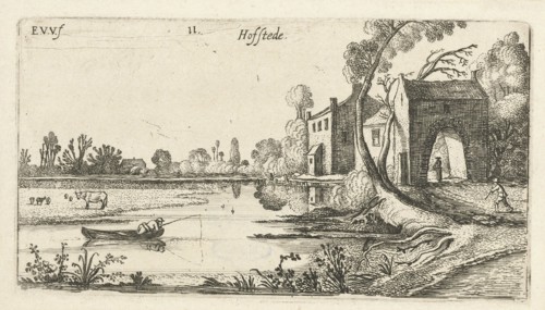 Landscape with a River and gatehouse, print maker: Esaias van de Velde, 1613 - 1617