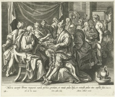 Mary Magdalene washes the feet of Christ, print maker: Cornelis Galle I, Maerten de Vos, 1598 -