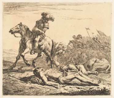 Battlefield soldier on horseback and two deaths, print maker: Karel Dujardin, 1652