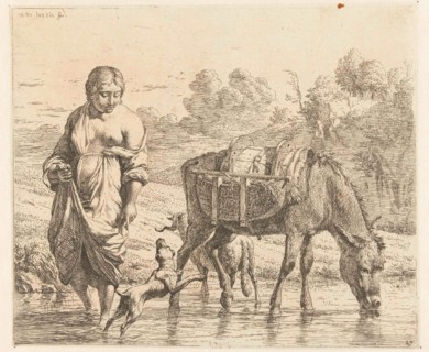 Woman and donkey standing in shallow water, a dog jumps up on her feet, Karel Dujardin, 1652 - 1659