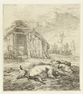 Three pigs, print maker: Karel Dujardin, Karel Dujardin, 1652