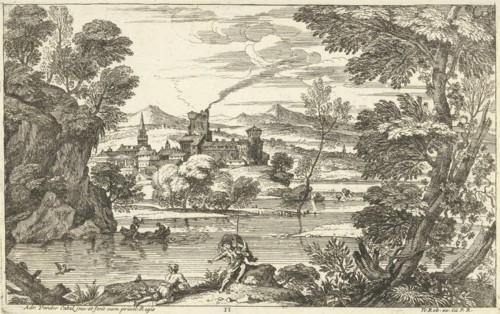 Landscape with man waving mantle, Adriaen van der Kabel, 1648 - 1705