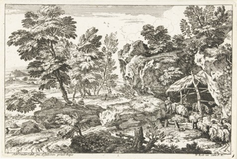 Landscape with sheepfold, print maker: Adriaen van der Kabel, N. Robert, 1648 - 1705