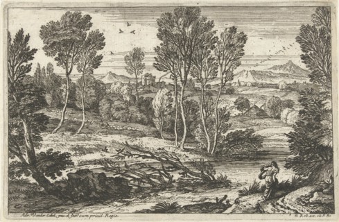 Landscape with woman walking along river, print maker: Adriaen van der Kabel, N. Robert, 1648 -