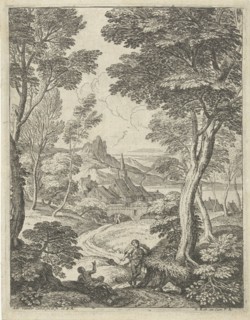 Landscape with a portrait and man talking along a winding path, in the background a city with