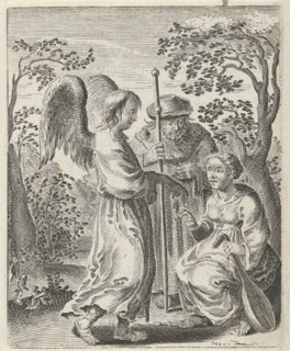 In a landscape is a pilgrim with pilgrim's staff and scallops on his cloak, beside him sits a woman