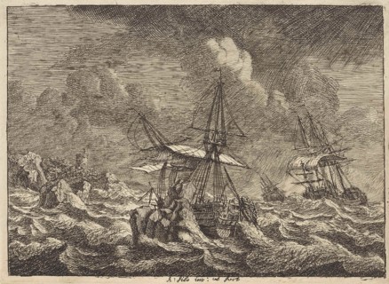 Three sailing ships in a storm near a rocky shore, Adam Silo, 1689-1760