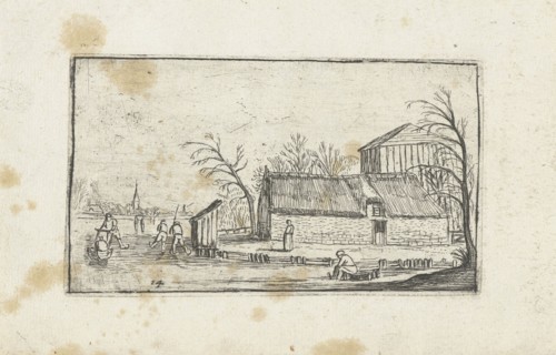 Frozen river with skaters on a farm, Esaias van de Velde, Anonymous, Johannes Pietersz.