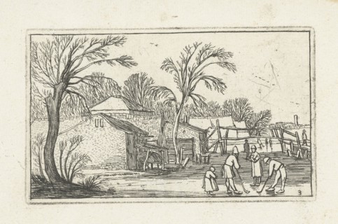 Skaters and kolf players, Kolven, on the ice near farms, Esaias van de Velde, Anonymous, Johannes