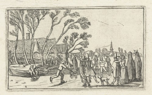 Skaters on the ice at a farm, Esaias van de Velde, print maker: Anonymous, Johannes Pietersz.