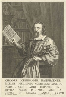 Portrait of Pastor Johannes Schellhammer, sitting at a desk, print maker: Hendrik Bary (mentioned