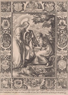 A woman sits behind an easel and paints the Christ Child in a heart at the example that Christ