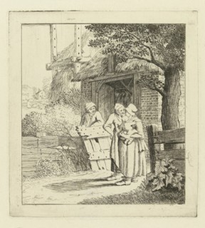 Two women and a man on a farm, Marie Lambertine Coclers, c. 1776 - c. 1815