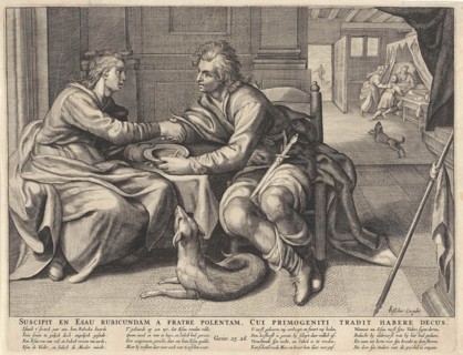 Esau sells his birthright to Jacob, Willem Isaacsz. van Swanenburg, print maker: Anonymous, Paulus