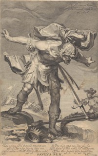 King Saul threw himself on his sword, William Isaacsz. van Swanenburg, Petrus Scriverius, 1611