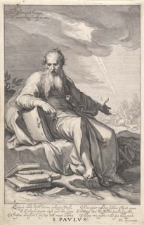 Paul in a landscape, he leans on a book and holding a pen, against his leg resting a sword. Before