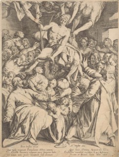 Cripple lowered through the roof to Christ, print maker: Willem Isaacsz. van Swanenburg, Broer