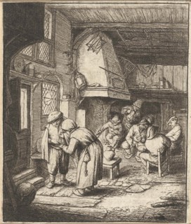 Man pays his expenses to woman in an inn, Adriaen van Ostade, 1648 - 1653
